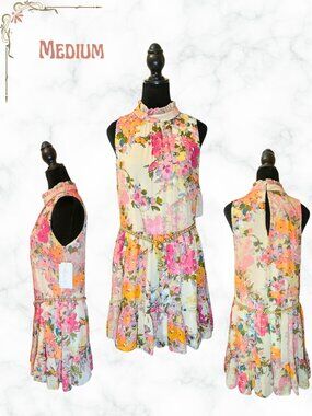 Floral Mock Neck Chiffon Dress + Pearl Belt Set NWT Pink Coral Tiered Midi